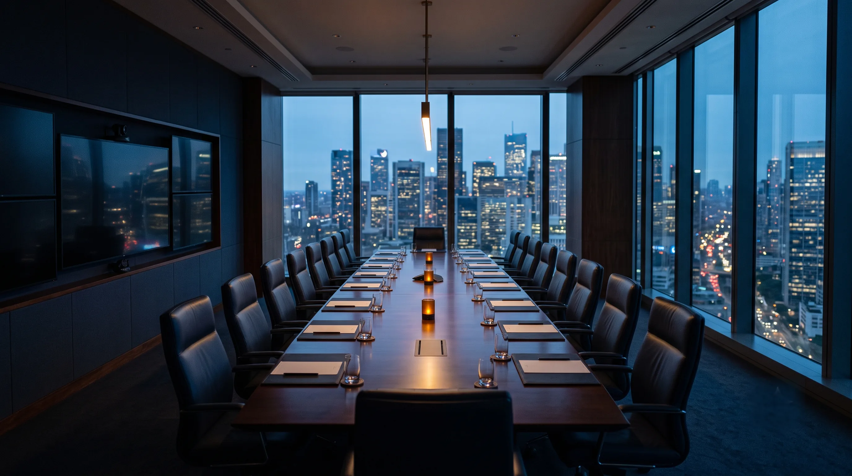 Institutional boardroom overlooking a financial district at dusk
