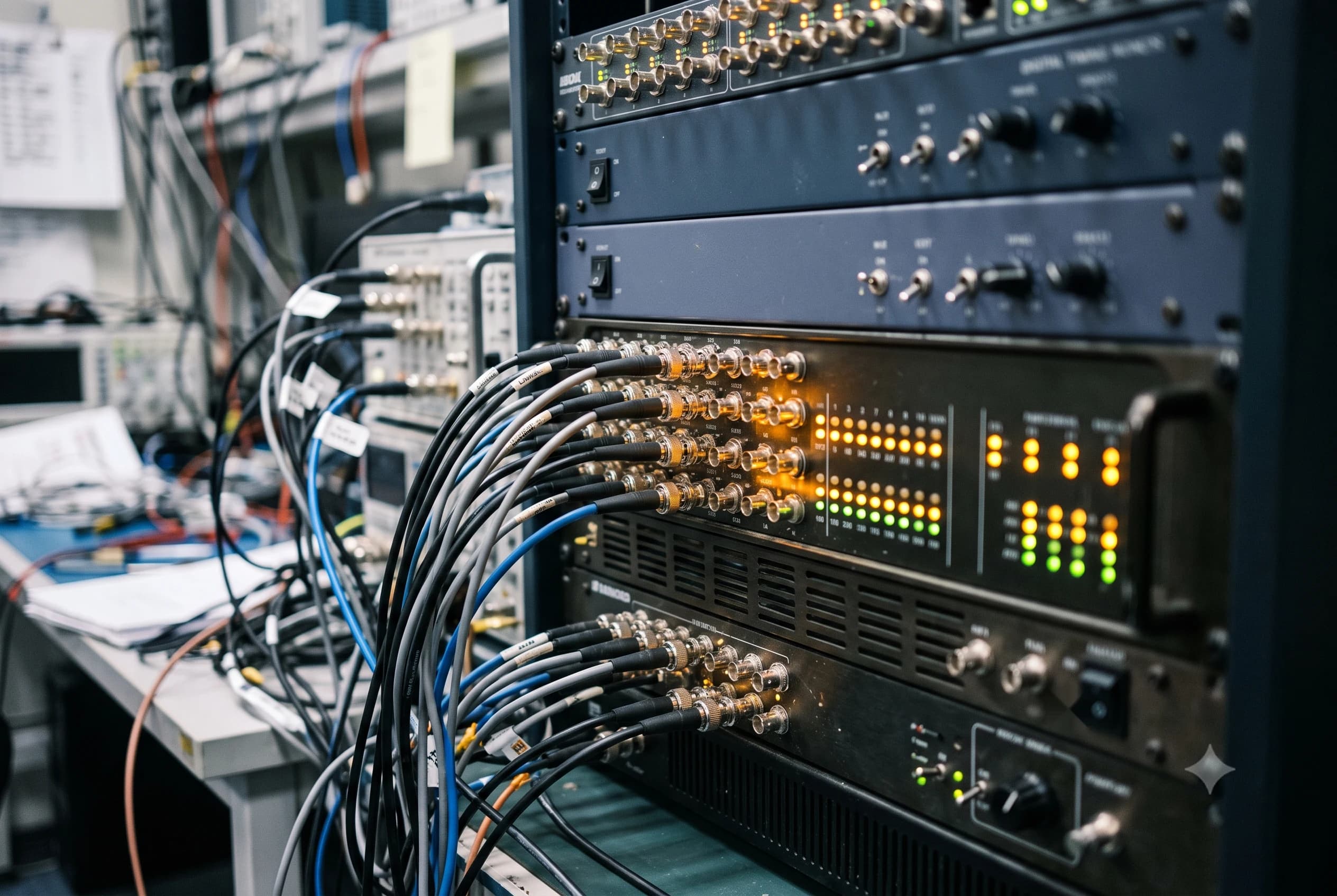 Laboratory timing and signal-generation equipment with status indicator lights, used to test PNT resilience