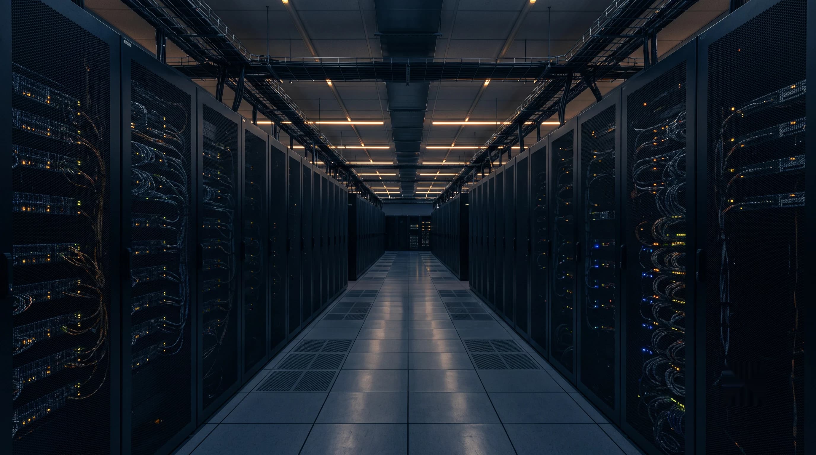 Row of illuminated server racks in a data centre hall, representing critical infrastructure that depends on precise timing