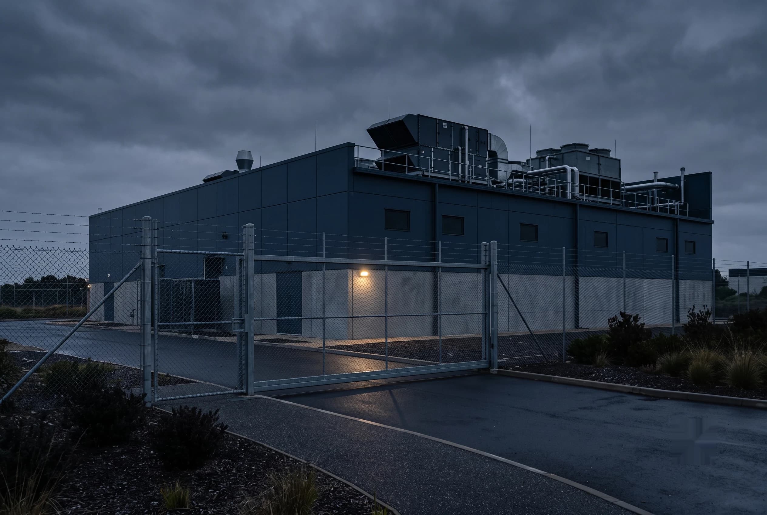 Exterior of a secure data centre facility at dusk behind perimeter fencing