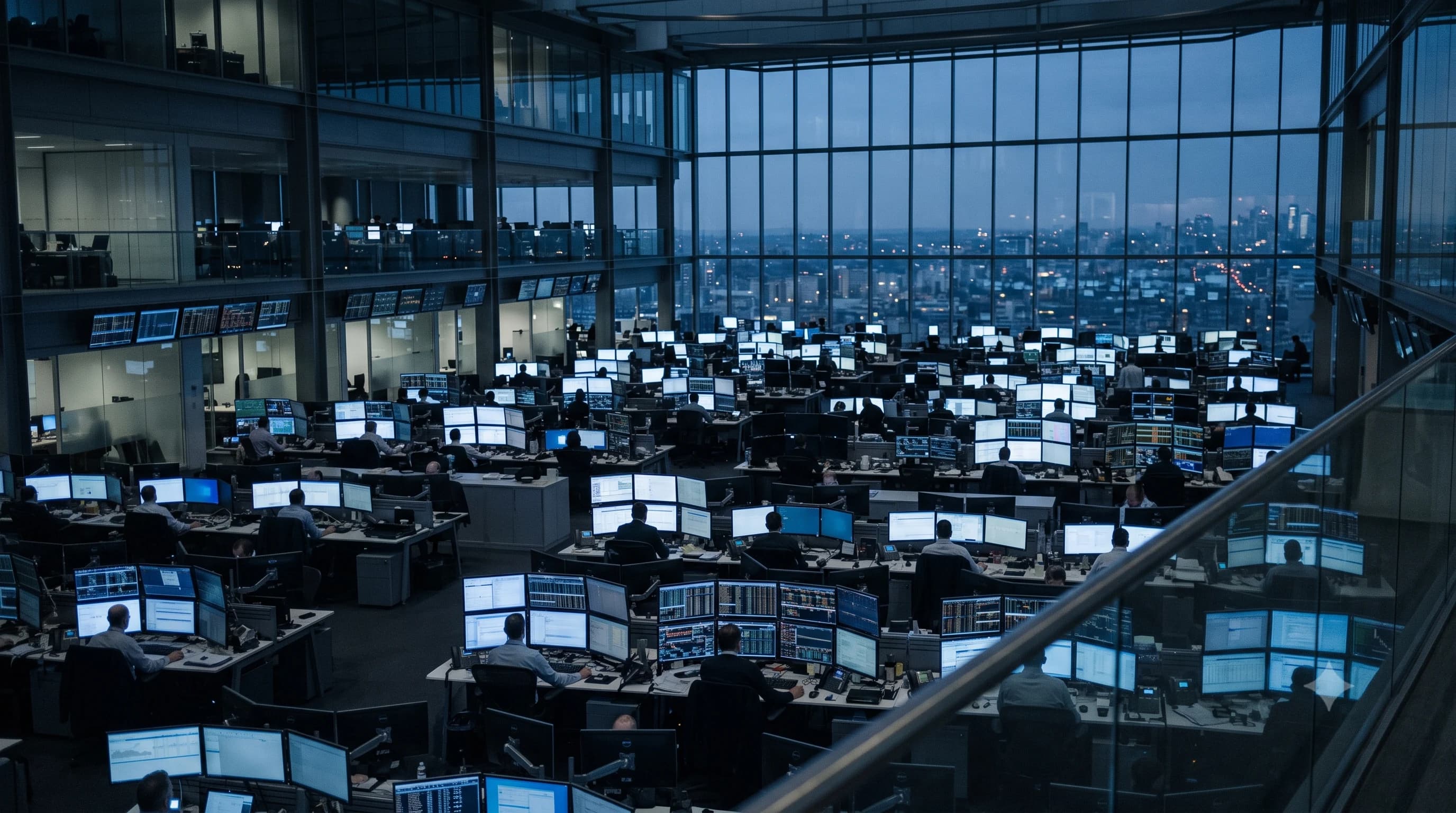 Financial trading floor at dusk, where MiFID II requires timestamp accuracy traceable to UTC