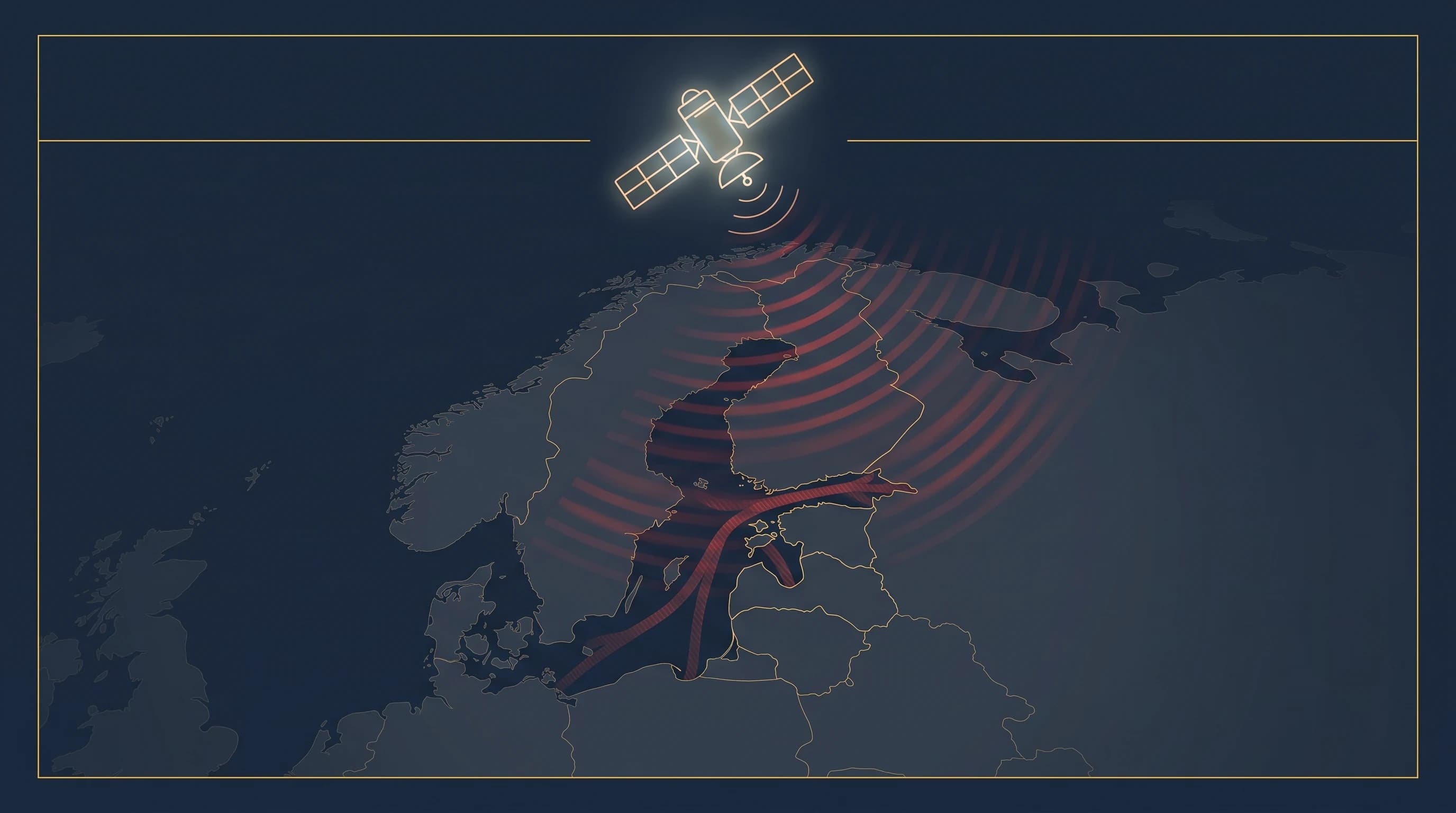 Map of Northern Europe and the Baltic showing GNSS jamming and spoofing interference radiating from a satellite